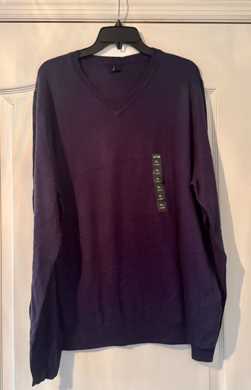 Apt. 9 Men's Navy Knit Solid V-Neck Pullover Sweater Long Sleeve XL Merino Wool